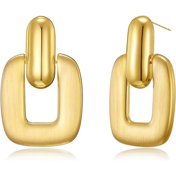 Jewelry - Women's Gold Brushed Square Statement Retro Hoop Dangle Earrings Multiple Style
